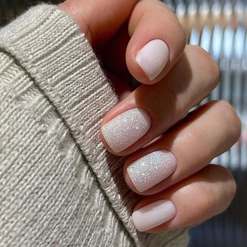 24pcs Short Round Press-On Nails – French Sparkling Pearl White with Wavy Design