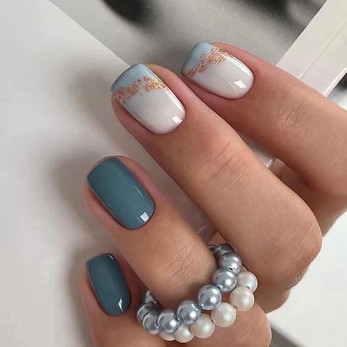 24pcs Short Round Press-On Nails – French Sparkling Pearl White with Wavy Design