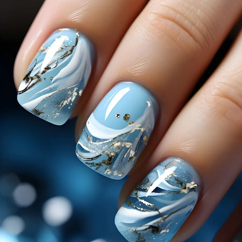 24pcs Short Round Press-On Nails – French Sparkling Pearl White with Wavy Design