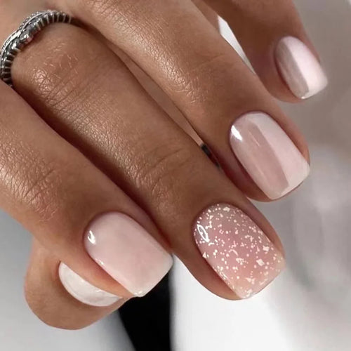 24pcs Short Round Press-On Nails – French Sparkling Pearl White with Wavy Design