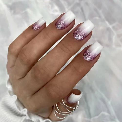 24pcs Short Round Press-On Nails – French Sparkling Pearl White with Wavy Design