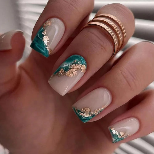 24pcs Short Round Press-On Nails – French Sparkling Pearl White with Wavy Design