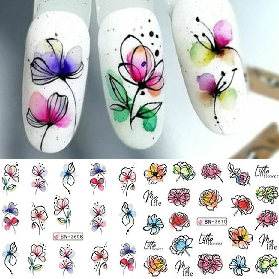 Ink Flowers & Cartoon Cat Nail Art Stickers – Water Transfer Sliders (12pcs)