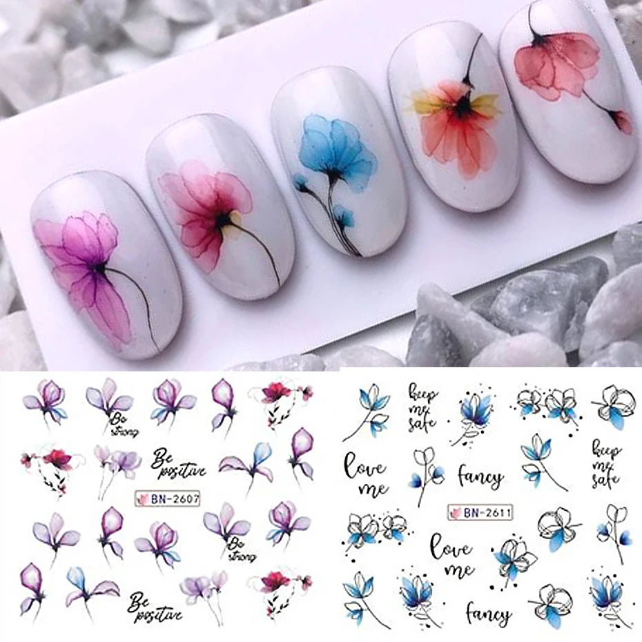 Ink Flowers & Cartoon Cat Nail Art Stickers – Water Transfer Sliders (12pcs)