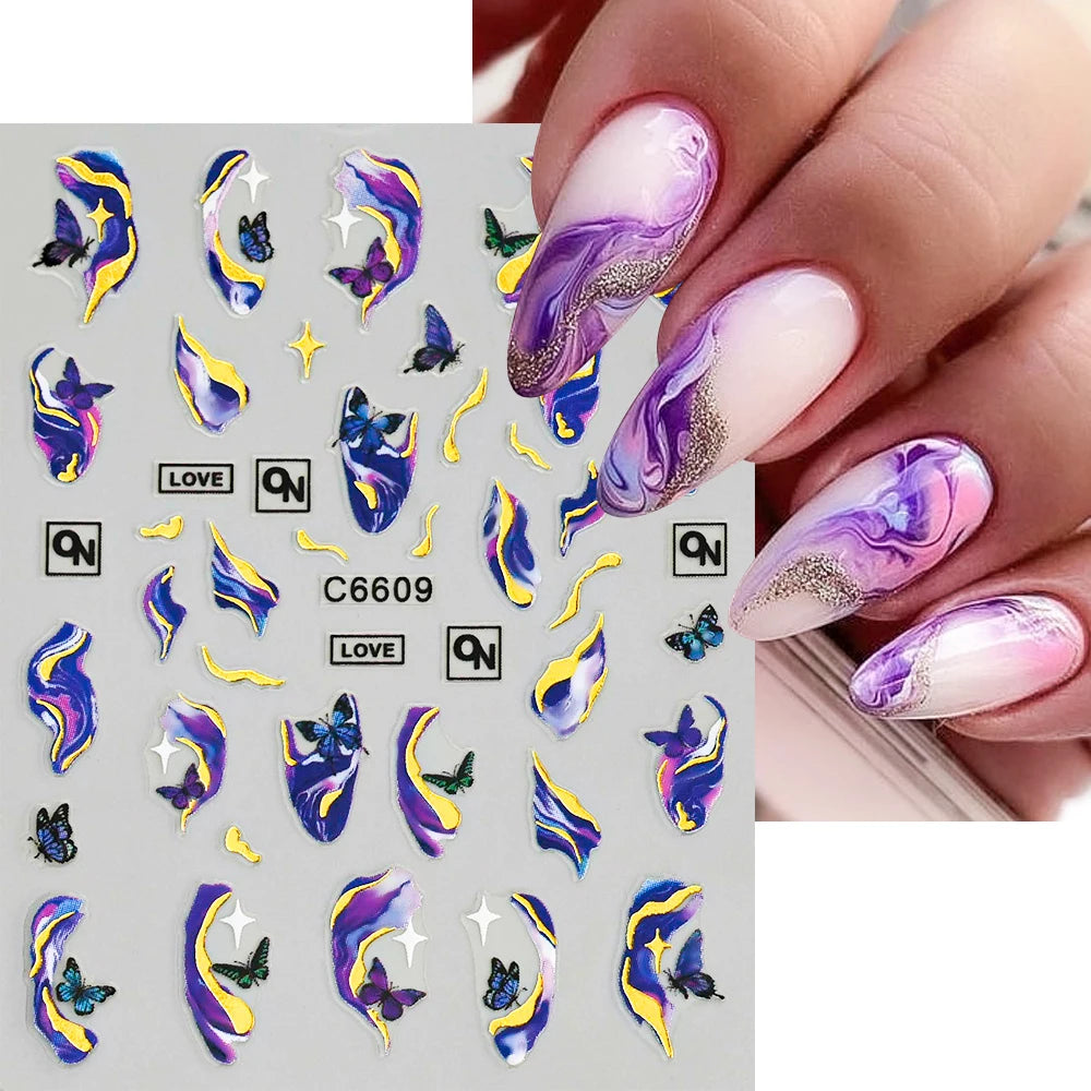 3D Blue Purple Marble Stripe Nail Art Stickers Bronzing Wave Line (1 Sheet)
