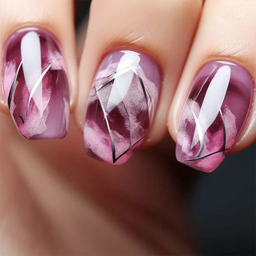 24pcs Short Round Press-On Nails – French Sparkling Pearl White with Wavy Design