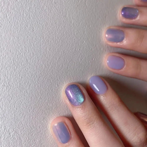 24pcs Short Round Press-On Nails – French Sparkling Pearl White with Wavy Design