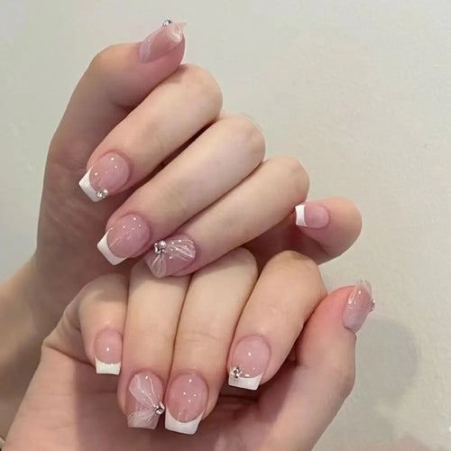 24pcs Short Round Press-On Nails – French Sparkling Pearl White with Wavy Design