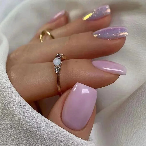24pcs Short Round Press-On Nails – French Sparkling Pearl White with Wavy Design