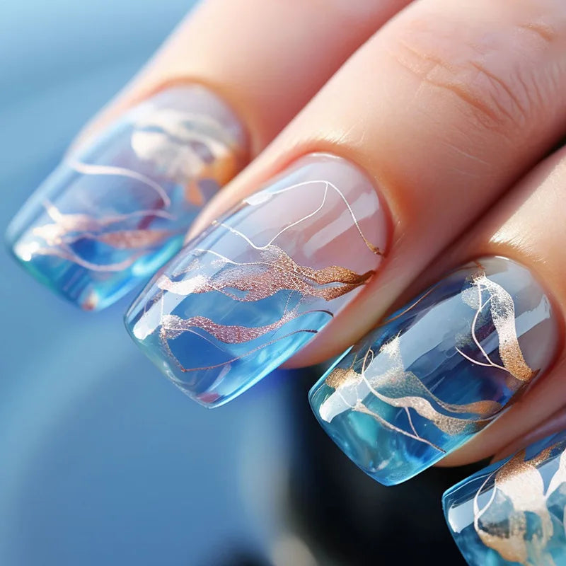 24pcs Short Round Press-On Nails – French Sparkling Pearl White with Wavy Design