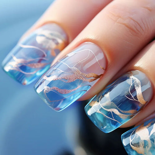 24pcs Short Round Press-On Nails – French Sparkling Pearl White with Wavy Design