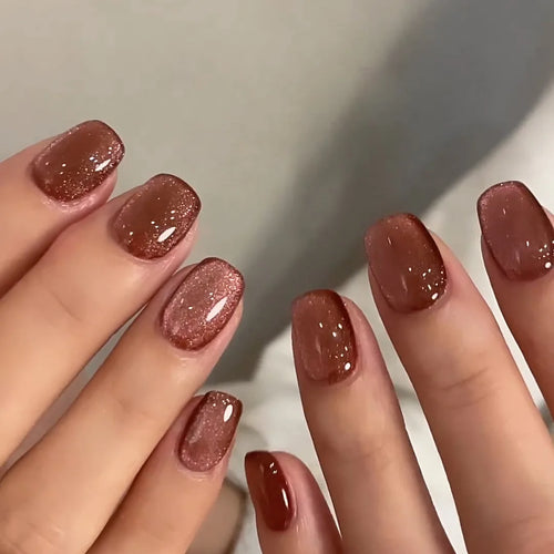 24pcs Short Round Press-On Nails – French Sparkling Pearl White with Wavy Design