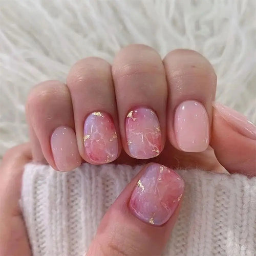 24pcs Short Round Press-On Nails – French Sparkling Pearl White with Wavy Design