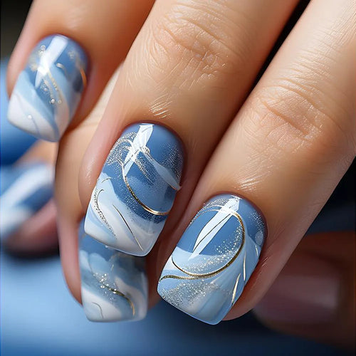 24pcs Short Round Press-On Nails – French Sparkling Pearl White with Wavy Design