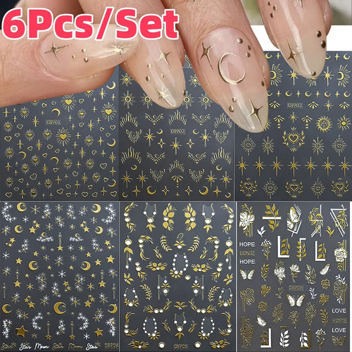 6Pcs Silver 3D Nail Art Stickers – Star, Heart & Moon Designs