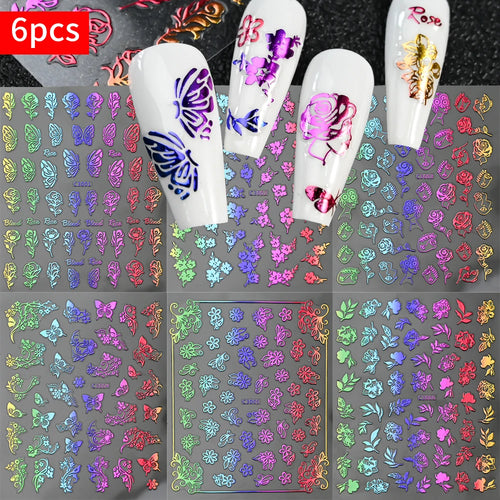 6Pcs Silver 3D Nail Art Stickers – Star, Heart & Moon Designs