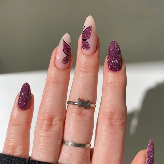 Almond Press On Nails – Purple Butterfly Flash Design