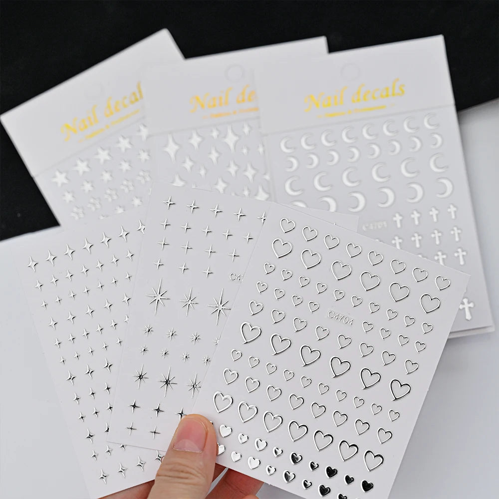 6Pcs Silver 3D Nail Art Stickers – Star, Heart & Moon Designs