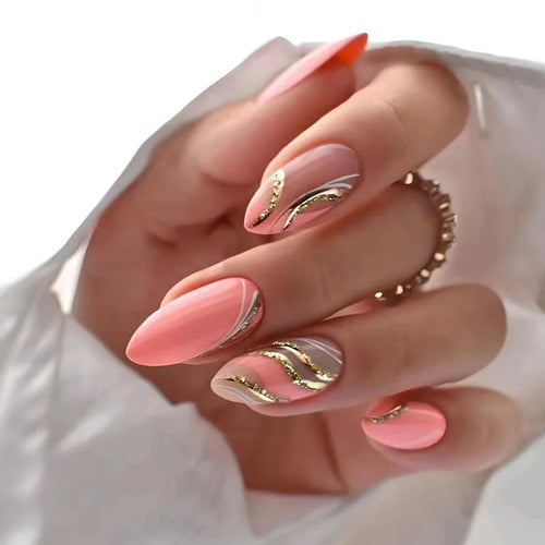 24pcs Almond French Press-On Nails – Summer Glitter Style | Glue-On & Stick-On Set