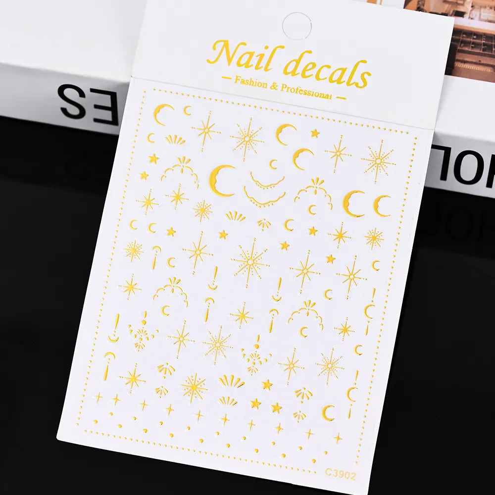 3D Gold Sun, Moon & Star Bronzing Nail Art Sticker – Celestial Design Stickers