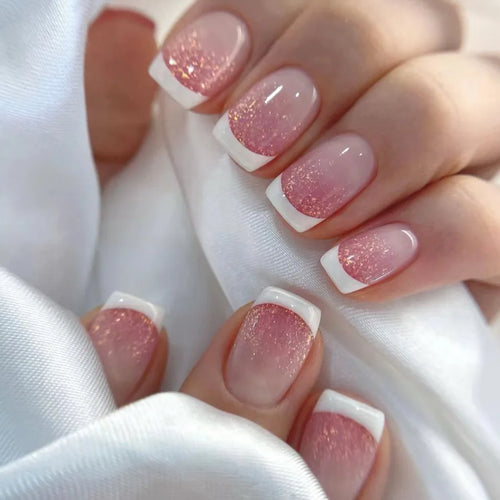 Glossy Press on Nails Set Short Oval Shiny Gradient French Nail Art