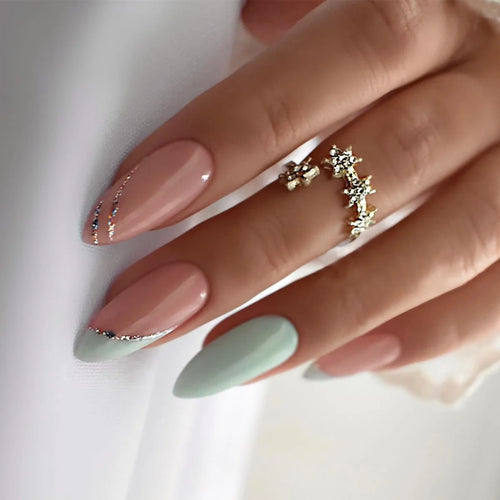 24pcs Almond French Press-On Nails – Summer Glitter Style | Glue-On & Stick-On Set
