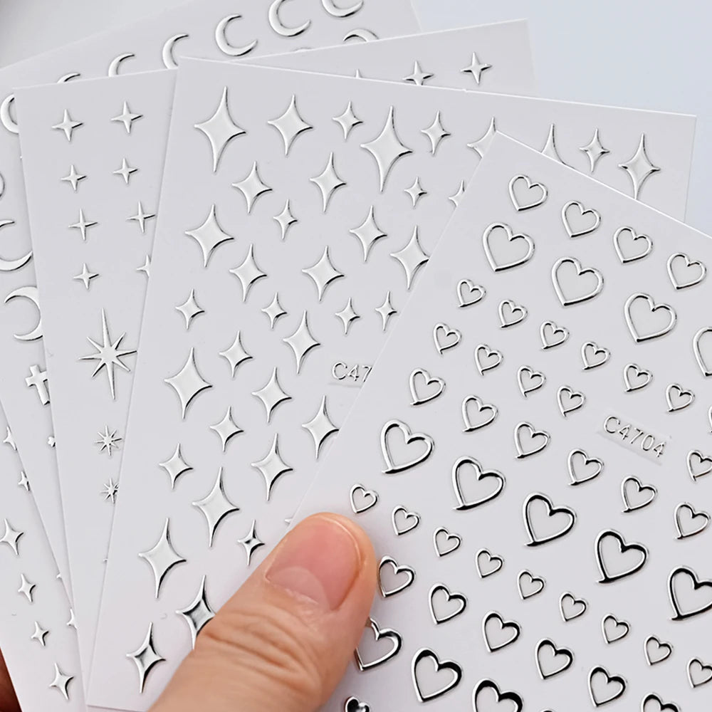 6Pcs Silver 3D Nail Art Stickers – Star, Heart & Moon Designs