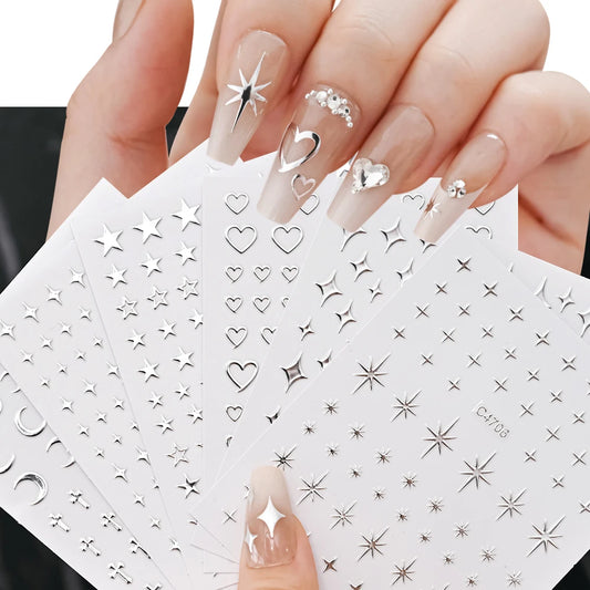 6 Sheets Silver Metallic 3D Nail Art Stickers – Stars, Chains & Hearts