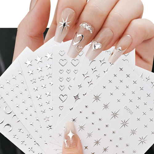 6 Sheets Silver Metallic 3D Nail Art Stickers – Stars, Chains & Hearts