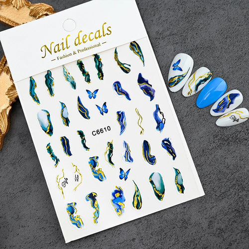 3D Blue Purple Marble Stripe Nail Art Stickers Bronzing Wave Line (1 Sheet)