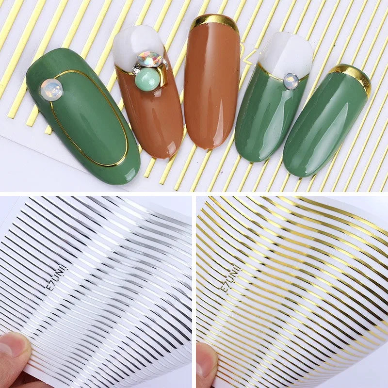 Hypoallergenic Glossy Nail Art Stickers – Gold & Silver Laser Line Design