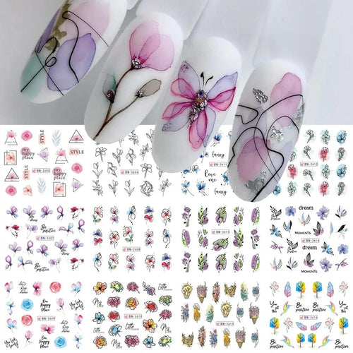 Ink Flowers & Cartoon Cat Nail Art Stickers – Water Transfer Sliders (12pcs)