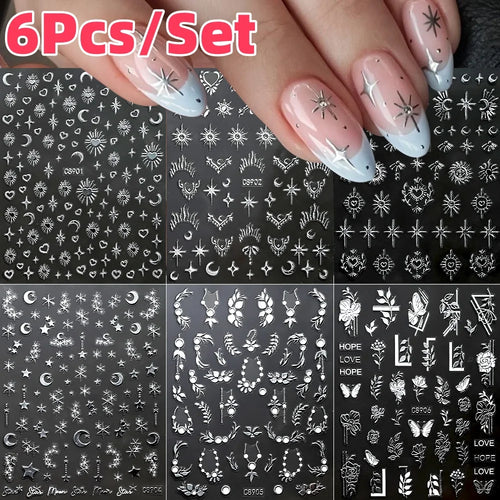 6Pcs Silver 3D Nail Art Stickers – Star, Heart & Moon Designs