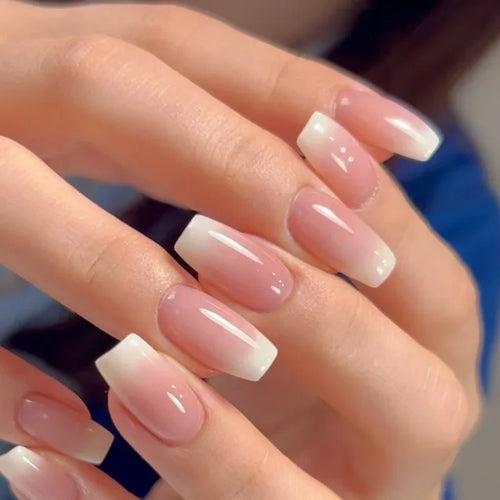Glossy Press on Nails Set Short Oval Shiny Gradient French Nail Art