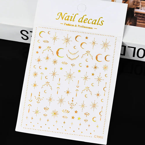 3D Gold Sun, Moon & Star Bronzing Nail Art Sticker – Celestial Design Stickers