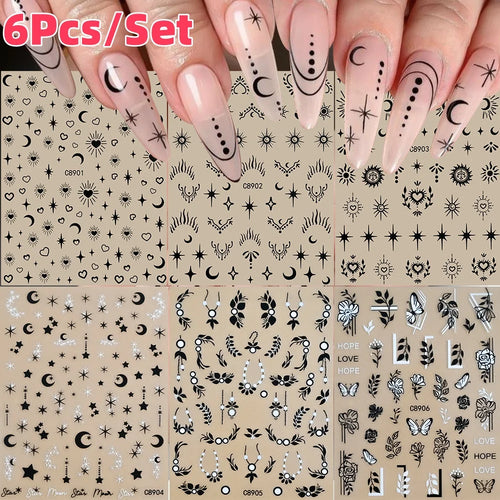 6Pcs Silver 3D Nail Art Stickers – Star, Heart & Moon Designs