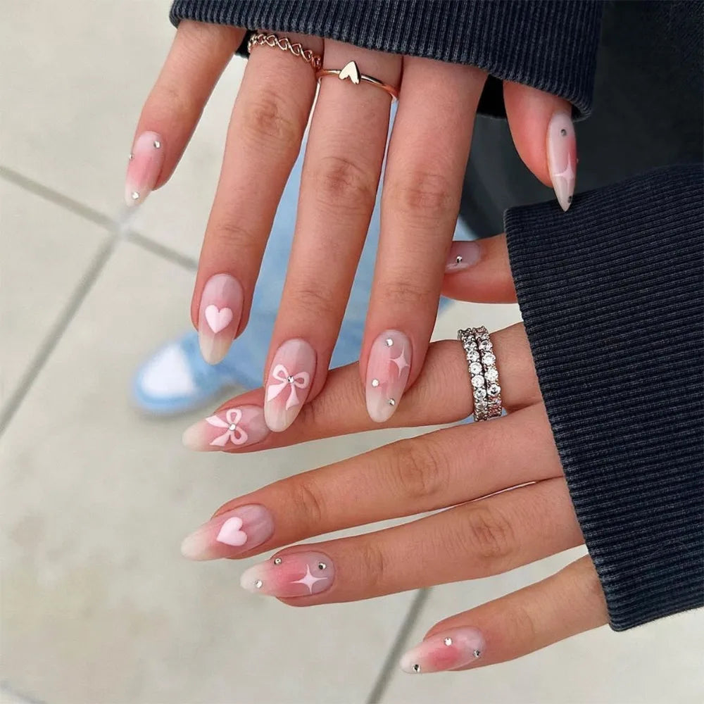 24pcs Almond French Press-On Nails – Summer Glitter Style | Glue-On & Stick-On Set