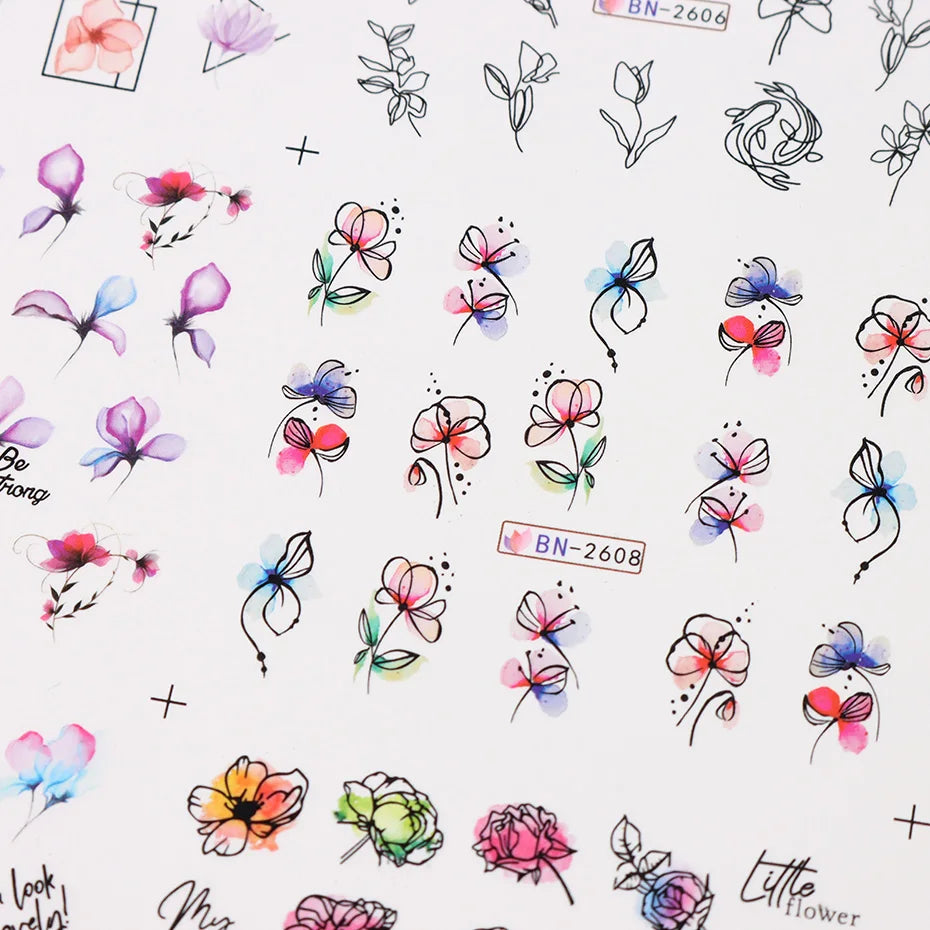 Ink Flowers & Cartoon Cat Nail Art Stickers – Water Transfer Sliders (12pcs)