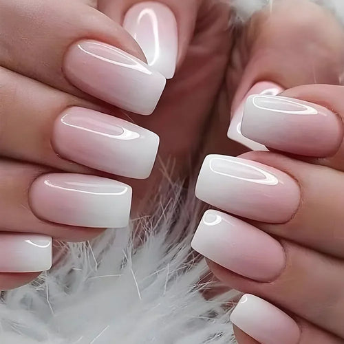 Glossy Press on Nails Set Short Oval Shiny Gradient French Nail Art