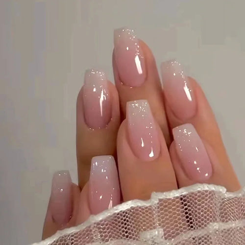 Glossy Press on Nails Set Short Oval Shiny Gradient French Nail Art