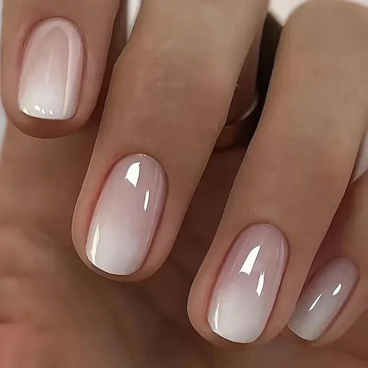 Glossy Press on Nails Set Short Oval Shiny Gradient French Nail Art