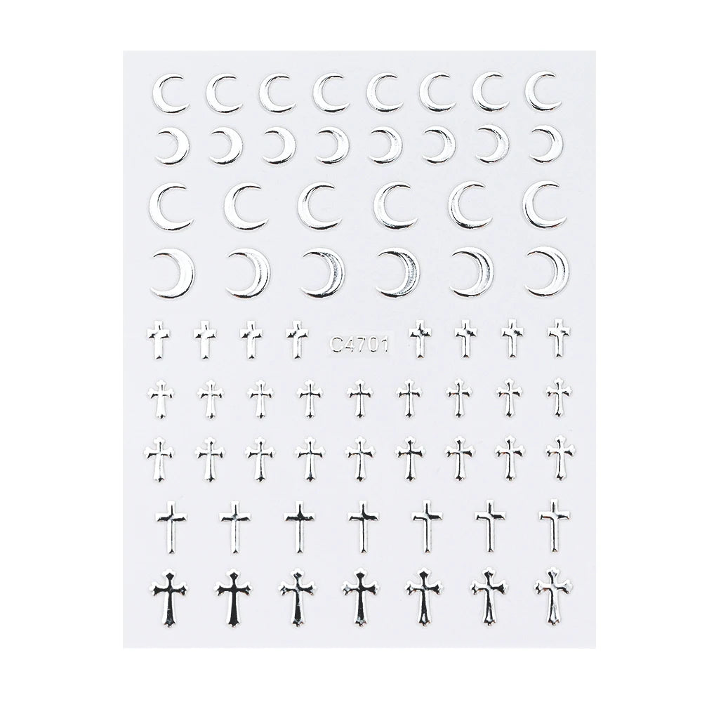 6Pcs Silver 3D Nail Art Stickers – Star, Heart & Moon Designs