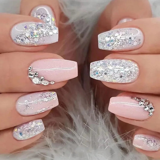 24pcs Glossy Short Coffin Press On Nails – Pink & White French Style