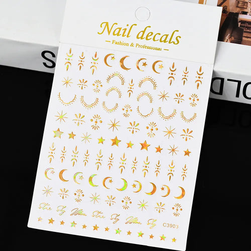 3D Gold Sun, Moon & Star Bronzing Nail Art Sticker – Celestial Design Stickers