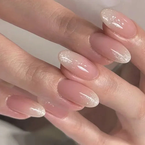 Glossy Press on Nails Set Short Oval Shiny Gradient French Nail Art