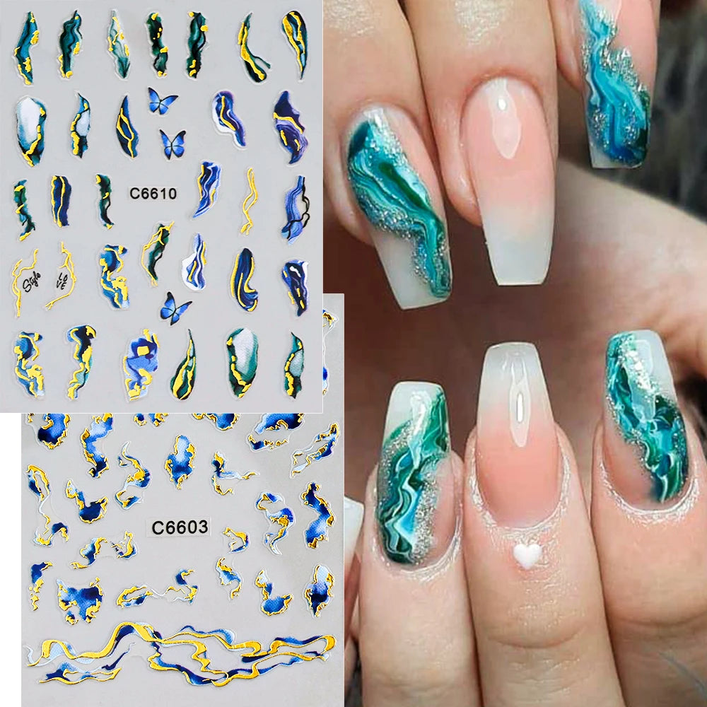 3D Blue Purple Marble Stripe Nail Art Stickers Bronzing Wave Line (1 Sheet)