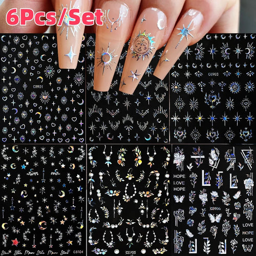6Pcs Silver 3D Nail Art Stickers – Star, Heart & Moon Designs