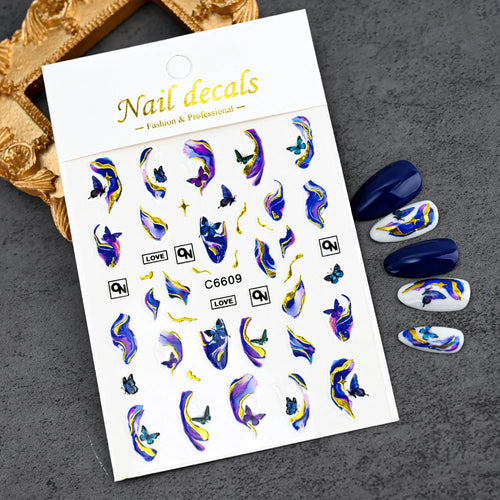 3D Blue Purple Marble Stripe Nail Art Stickers Bronzing Wave Line (1 Sheet)