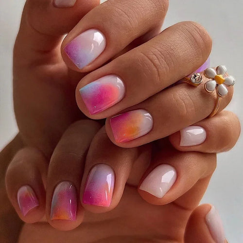 Glossy Press on Nails Set Short Oval Shiny Gradient French Nail Art