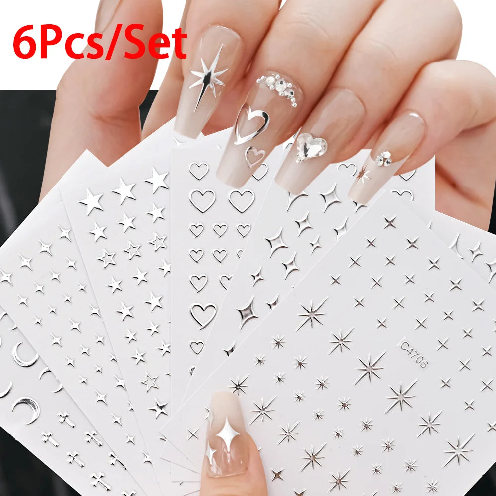 6Pcs Silver 3D Nail Art Stickers – Star, Heart & Moon Designs